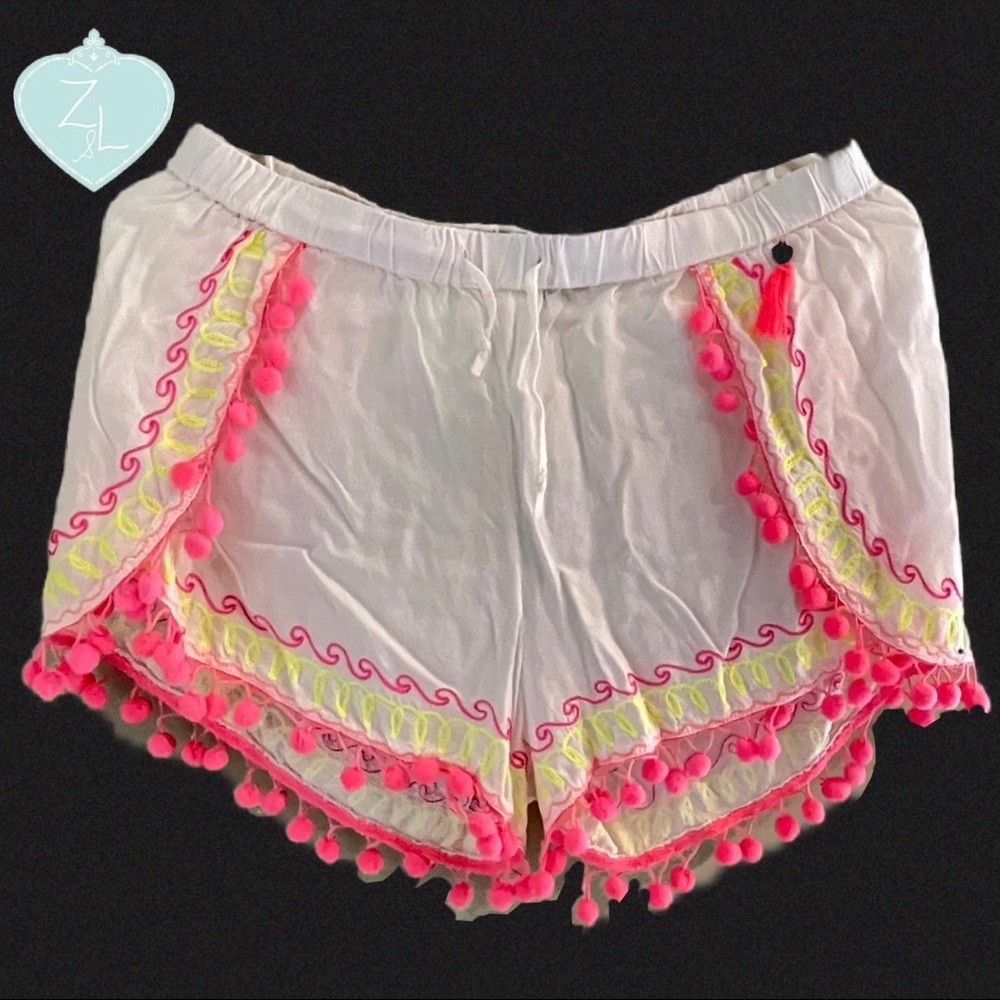 Z&L Europe White, Pink, Yellow Boho Drawstring Pom Pom Shorts in ladies’ Large